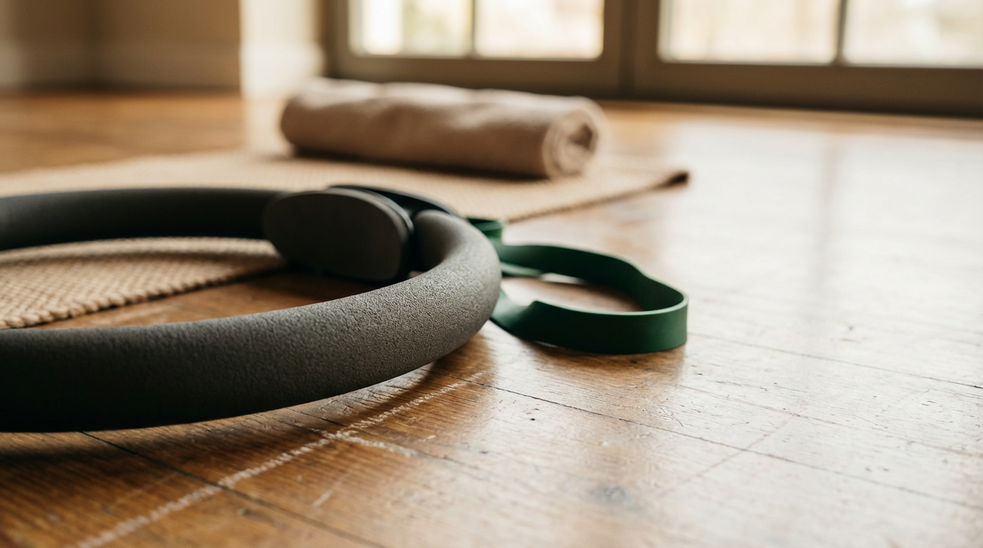 Resistance band and foam roller on a wooden floor near a sliding glass door.