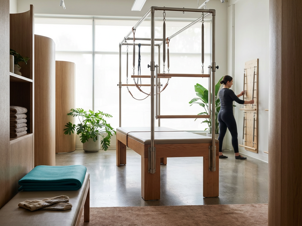 A woman in black athletic clothes is adjusting equipment on a wooden wall in a wellness or physical therapy room, which contains a large wooden treatment table, plants, shelves with towels, and a pilates or activity frame.
