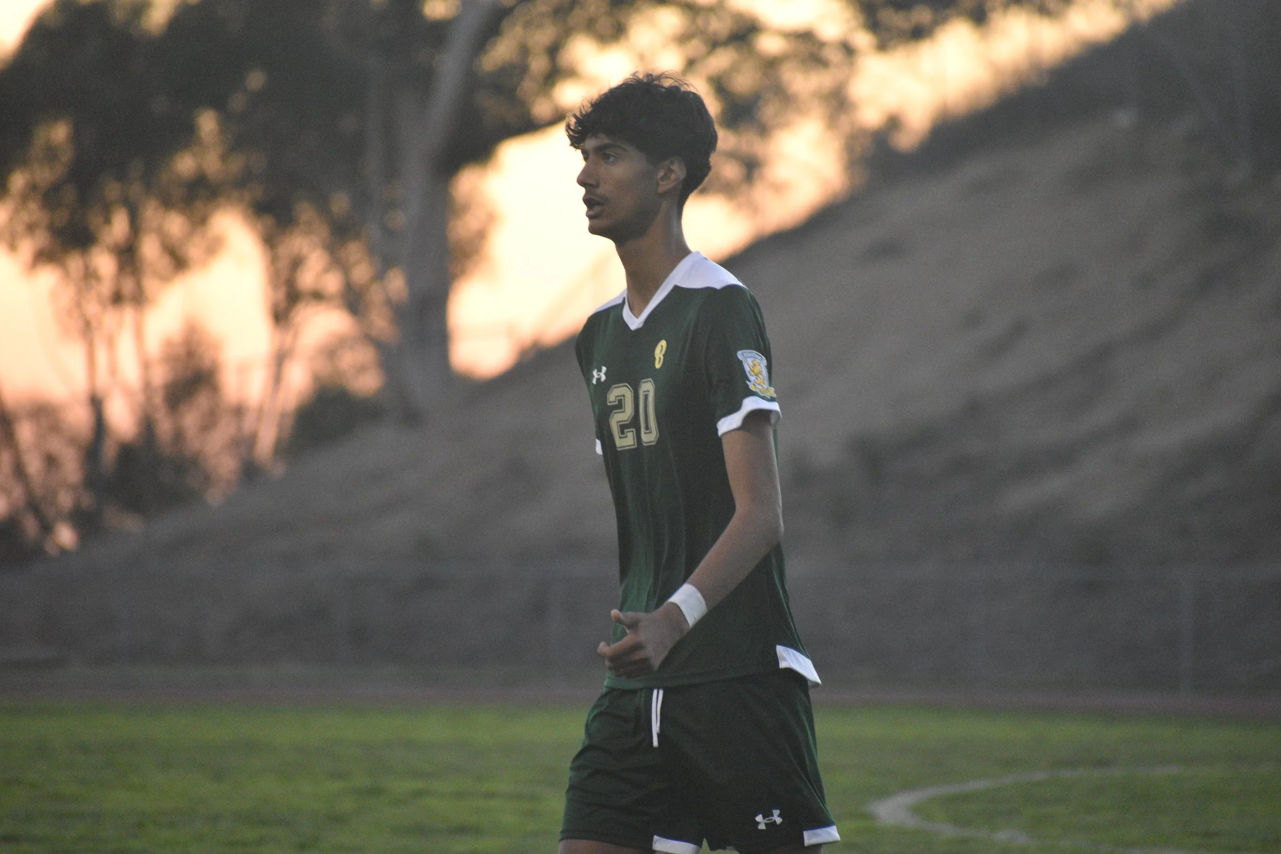A young male soccer player wearing a green jersey with the number 20 and a patch on the sleeve, standing on the field during sunset.