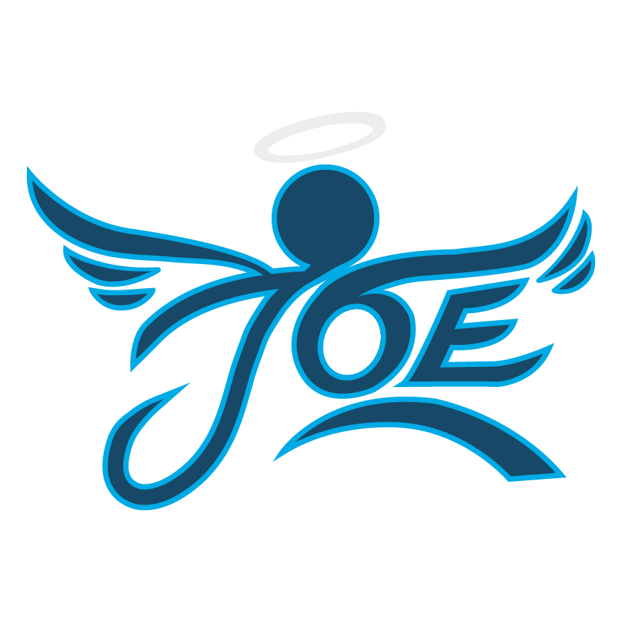 Stylized logo with a blue angel figure, halo, wings, and the word "JOE" in cursive script.