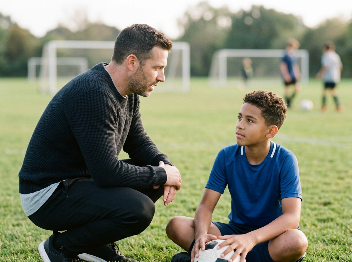 A man crouches down and talks to a boy sitting on the grass of a soccer field, holding a soccer ball, with a few children playing in the background.