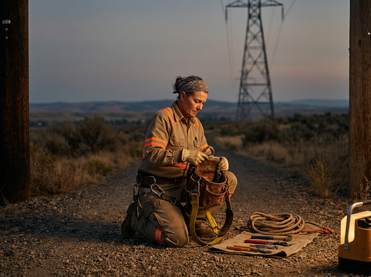 A female utility worker kneeling on a dirt road, inspecting her tools, with a power line tower and a sunset sky in the background.