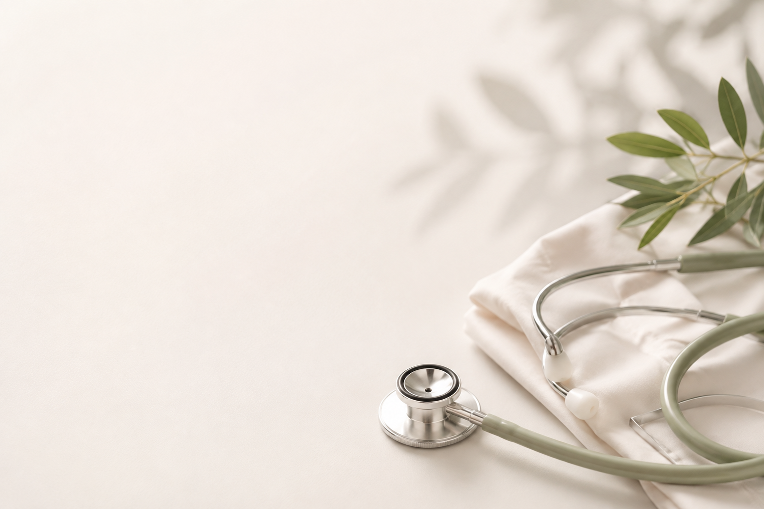 Medical stethoscope placed on a white cloth with green leaves in the background.