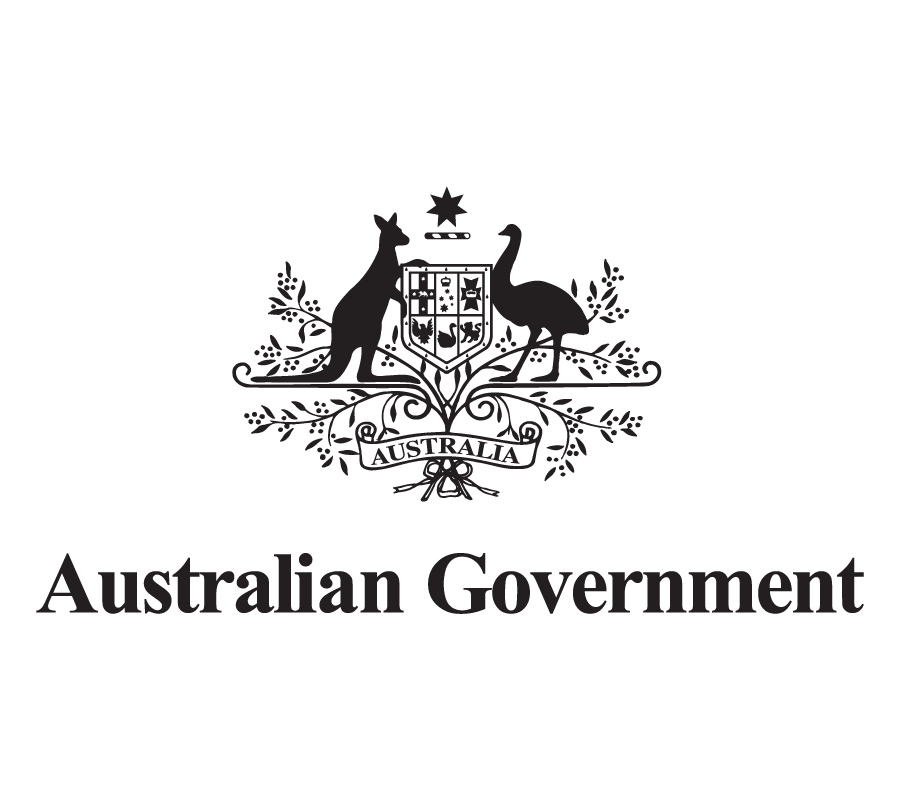 Australian Government emblem featuring a kangaroo, emu, shield, and stars, with the text 'Australian Government' below.