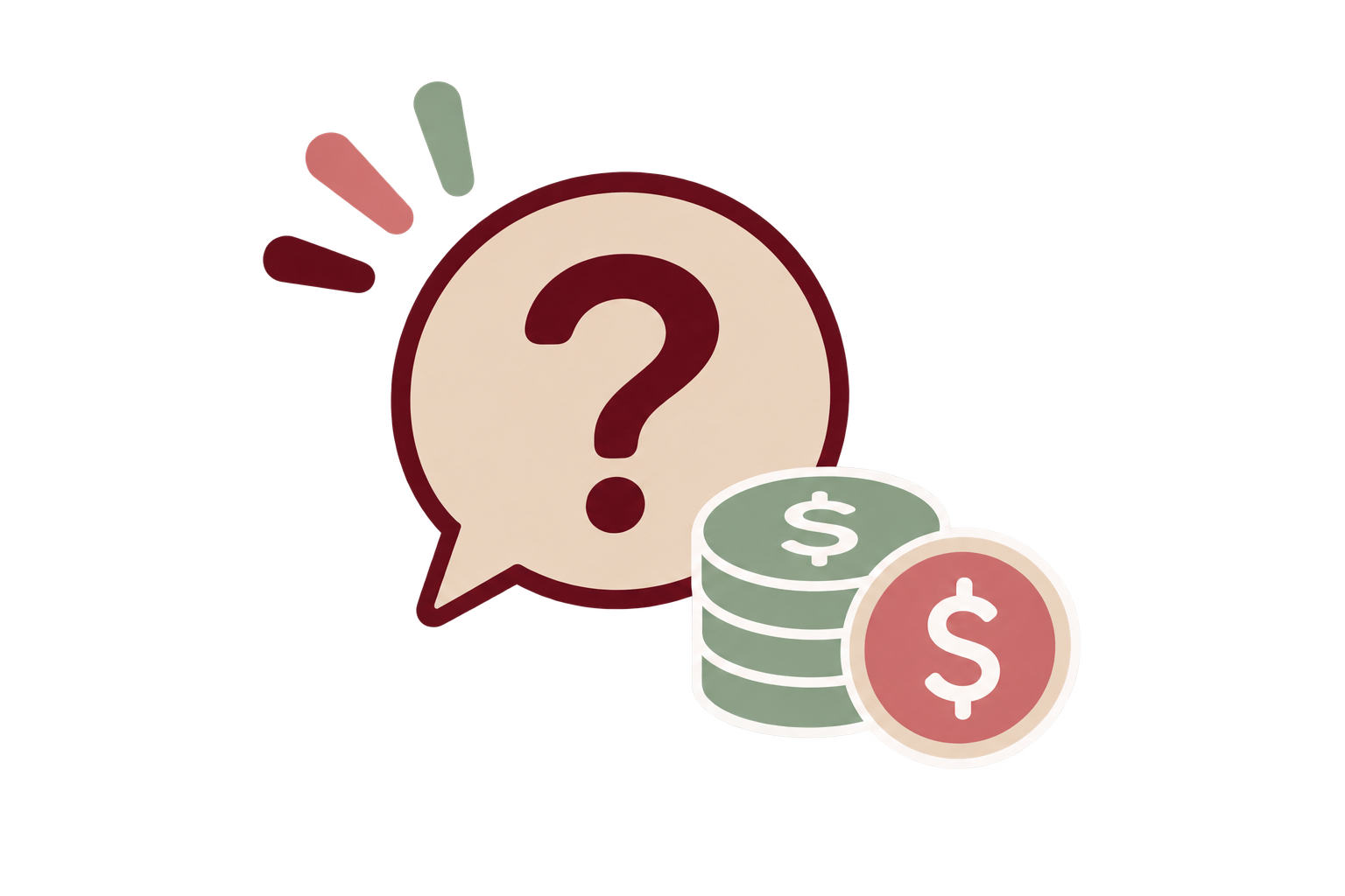 A neon icon with a chat bubble containing a question mark, accompanied by a stack of green coins and a red coin symbolizing money.