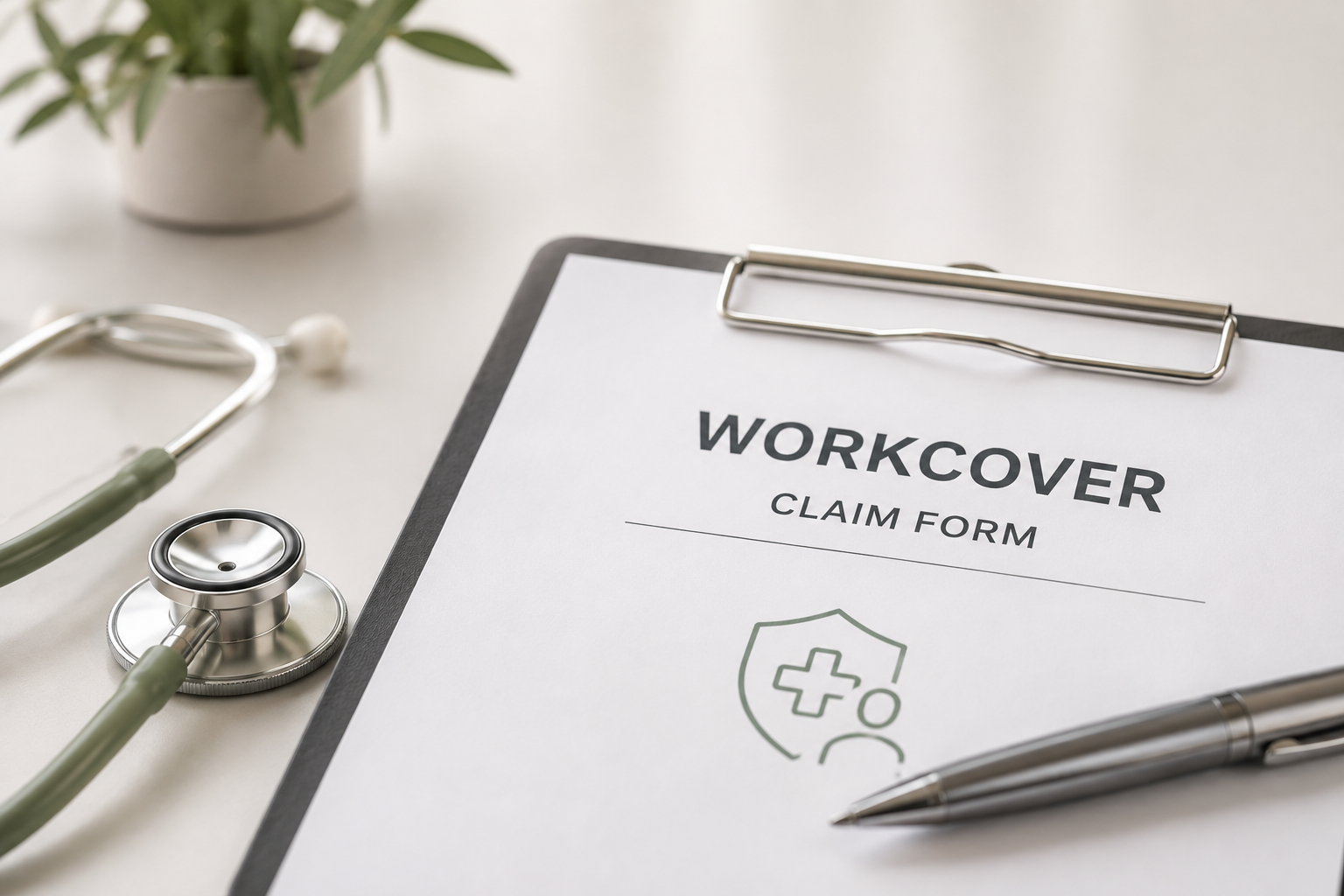 Workcover claim form on clipboard with stethoscope, pen, and medical plant in background.