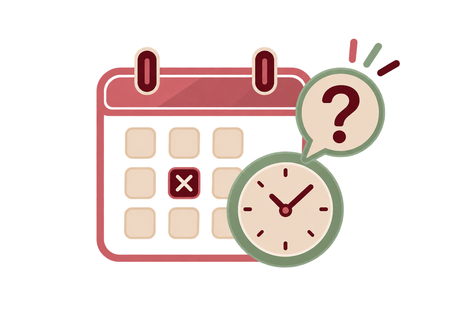 A calendar with dates and a clock overlaid, indicating a time-sensitive event, with a question mark and emojis suggesting inquiry about the date or time.