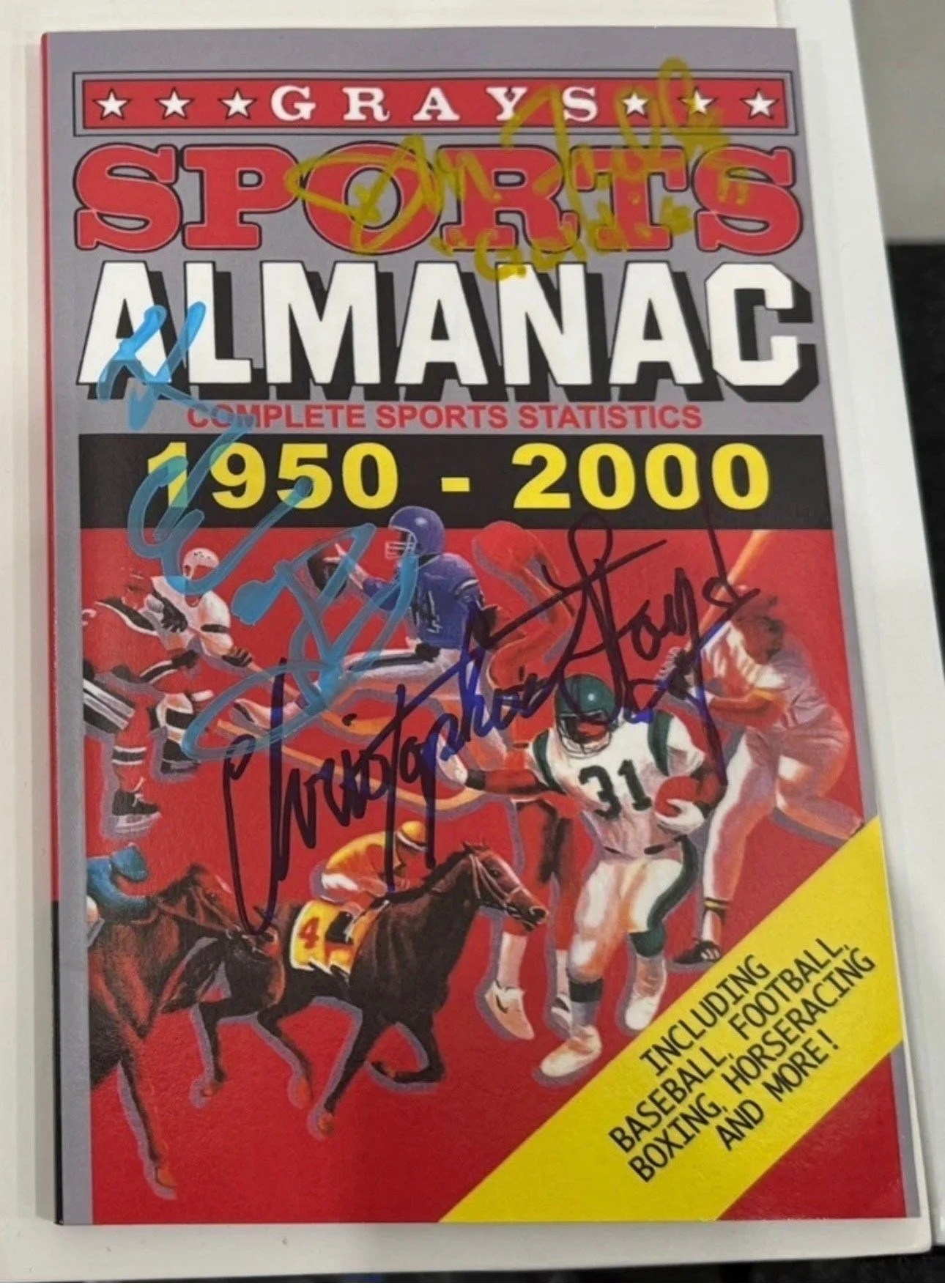 Grays Sports Almanac Signed by Christopher Lloyd, Donald Fullilove and Harry Waters Jr. with COA.