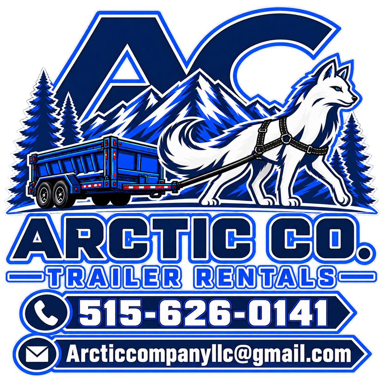 A logo for Arctic Co. Trailer Rentals featuring a white husky dog harnessed to a blue trailer with a background of snow-capped mountains, pine trees, and the company name and contact information.