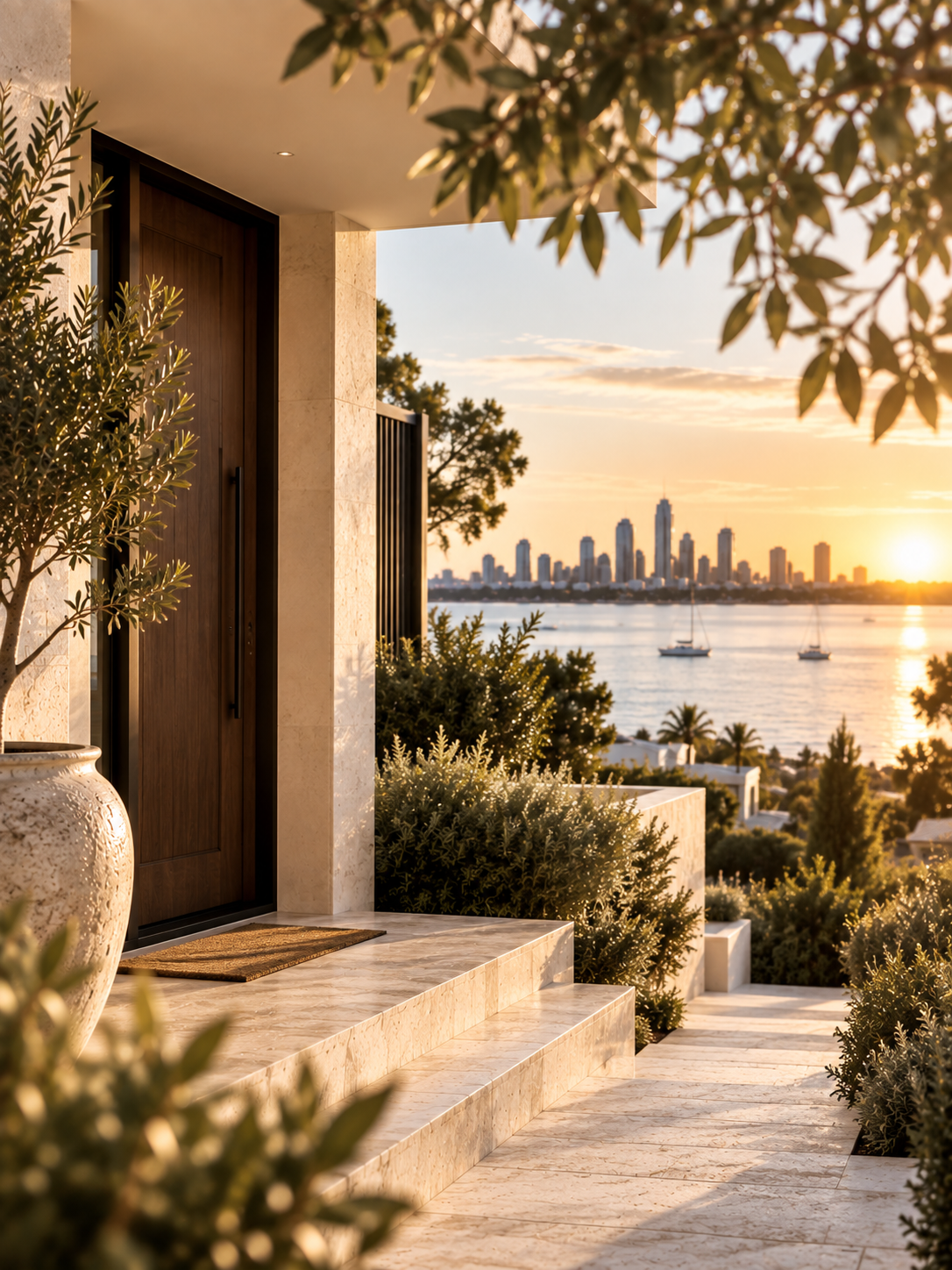A modern house entrance with marble steps, potted plants, and a view of the city skyline and marina at sunset.