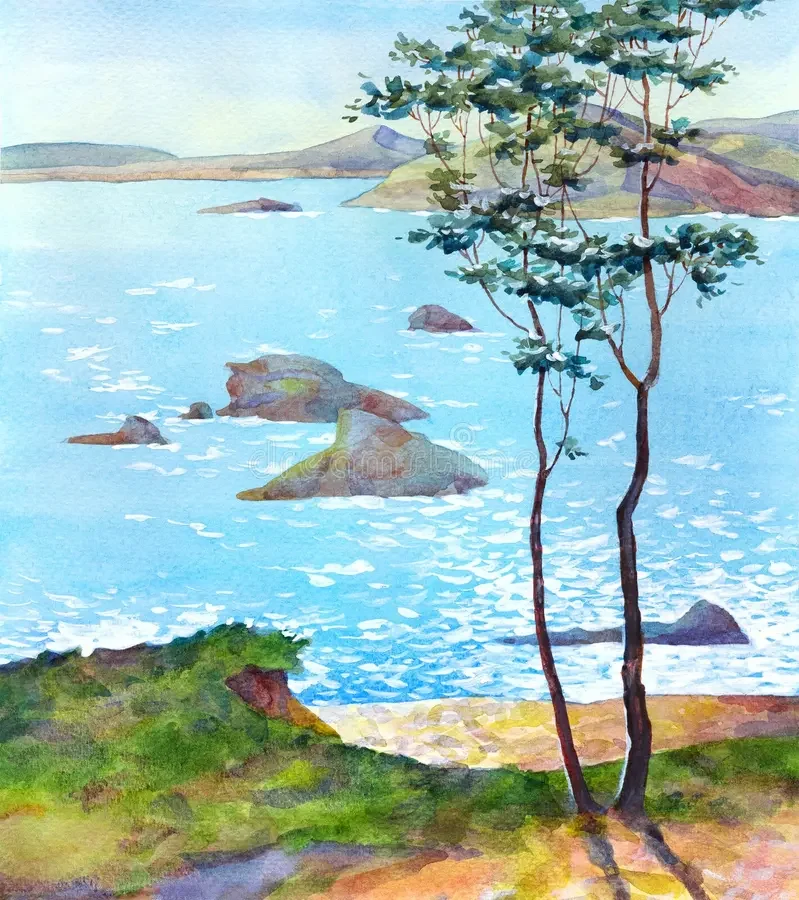 A watercolor painting of a coastal landscape with two trees in the foreground, a calm blue sea with rocks, and distant hills in the background.