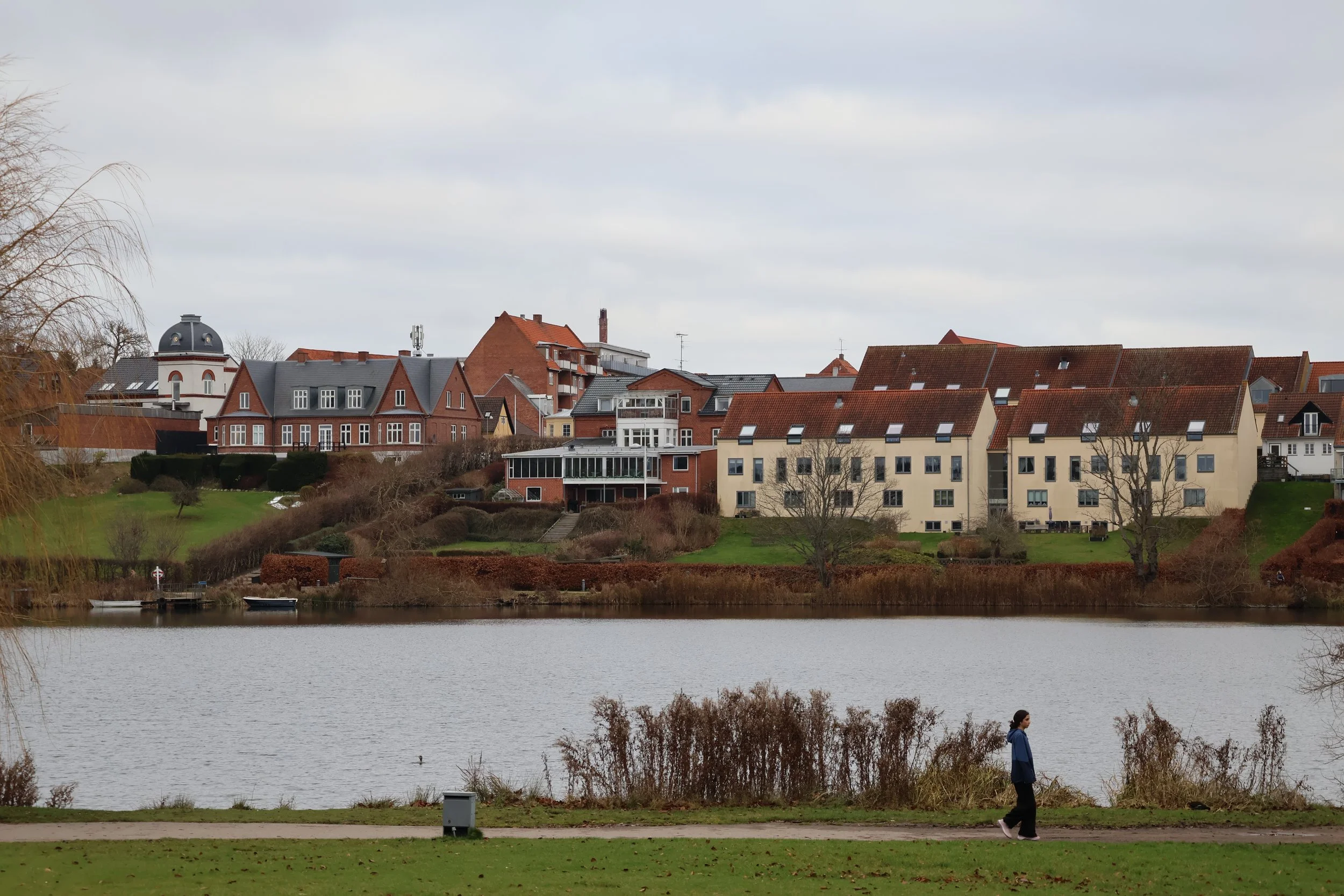 A person walking along a lakeside park with houses and buildings on the opposite shore, under an overcast sky.