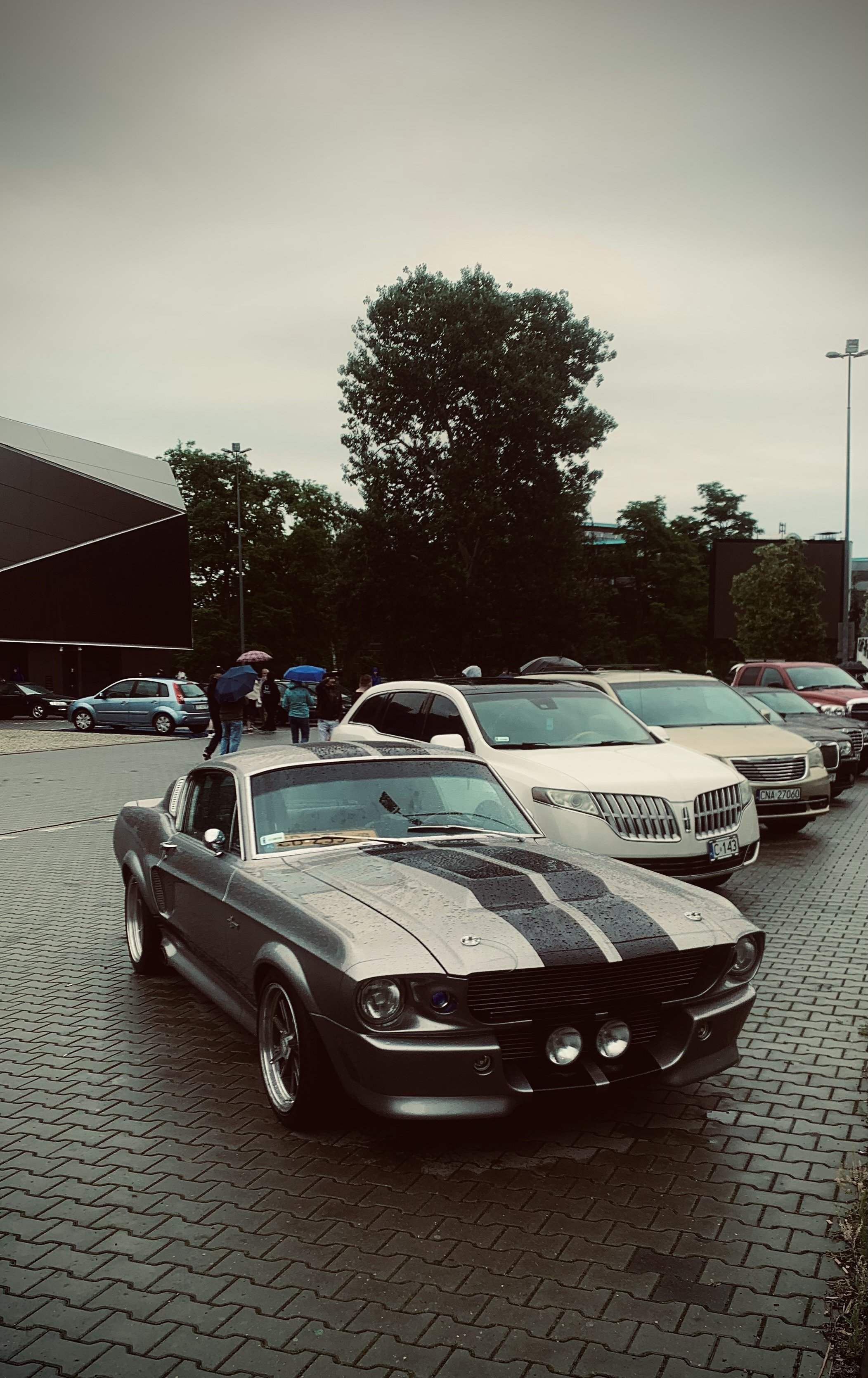 A parking lot with a classic silver Ford Mustang car in the foreground, surrounded by various modern cars. People holding umbrellas are walking in the background on a rainy day, with trees and buildings visible under a cloudy sky.