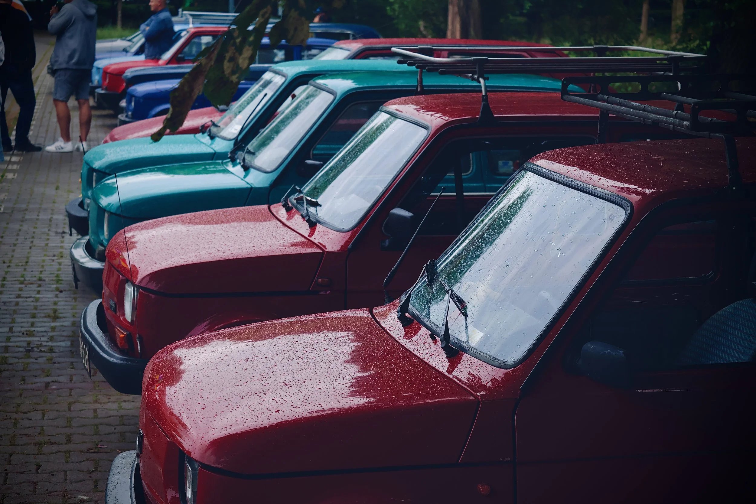 A row of vintage cars parked on a cobblestone path, with people standing nearby, and trees in the background. The cars are rain-covered, with some in bright colors like red and blue.
