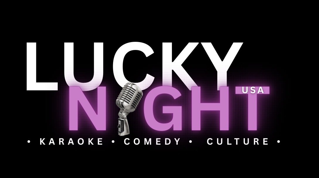 Logo for Lucky Night USA featuring a neon purple and white sign with a vintage microphone, promoting karaoke, comedy, and culture.