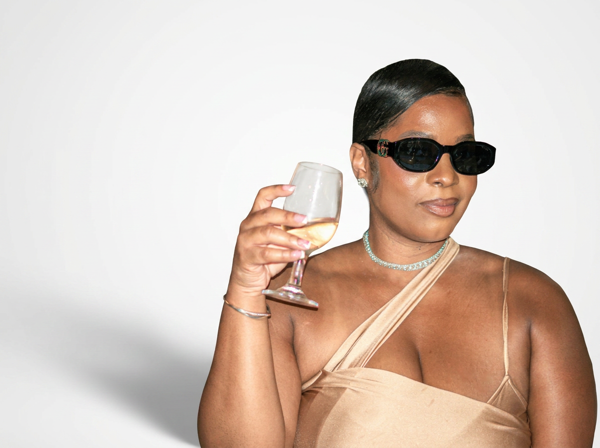 A woman with short black hair wearing black sunglasses, diamond earrings, and a pearl necklace, dressed in a beige satin one-shoulder outfit, holding a glass of white wine on a white background.