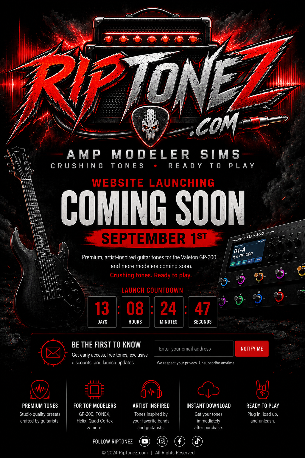 RipToneZ guitar tone preset store launch announcement featuring amp modeler tones for guitarists.