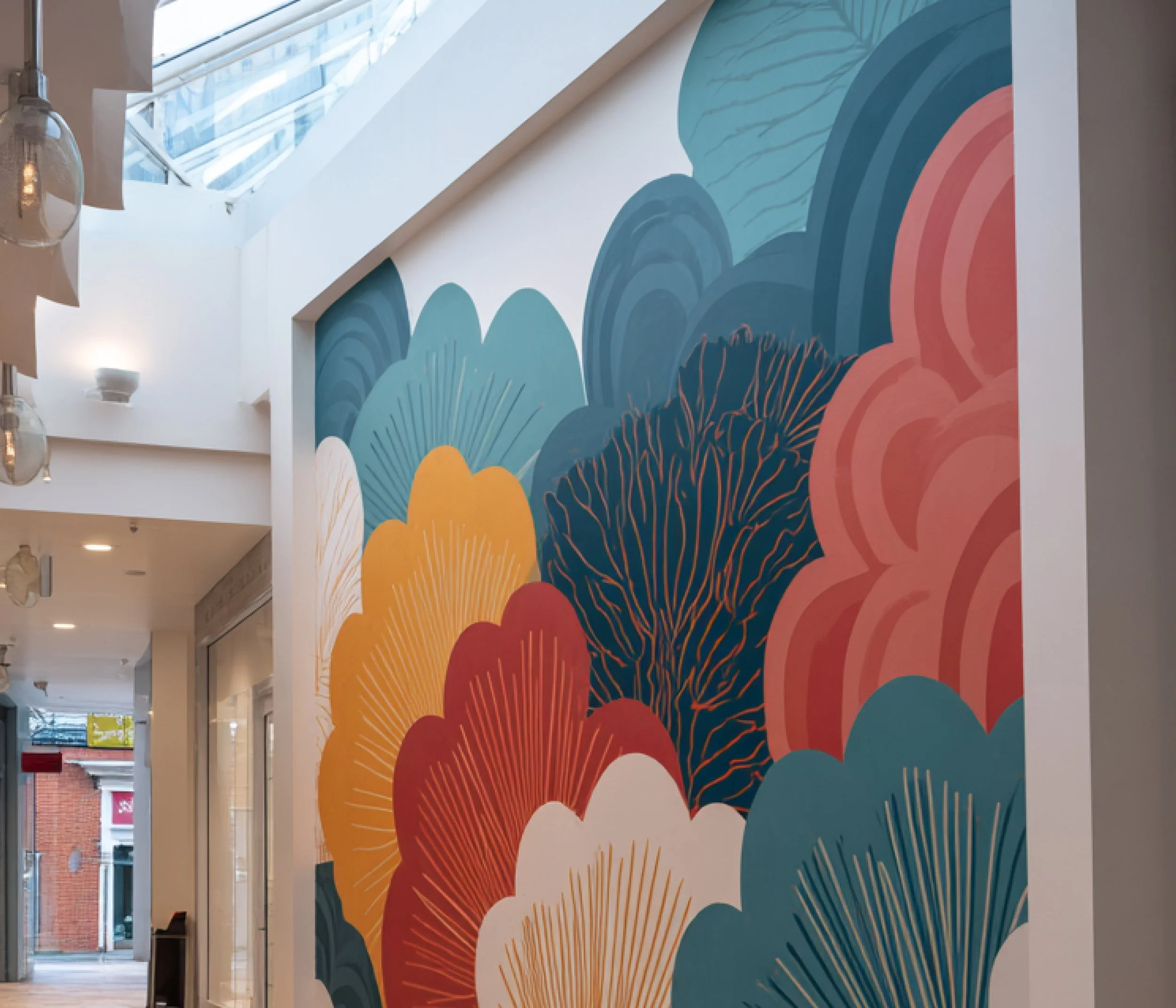 Murale astratta con fiori stilizzati di colori blu, arancio e giallo lungo un corridoio interno di un edificio moderno.