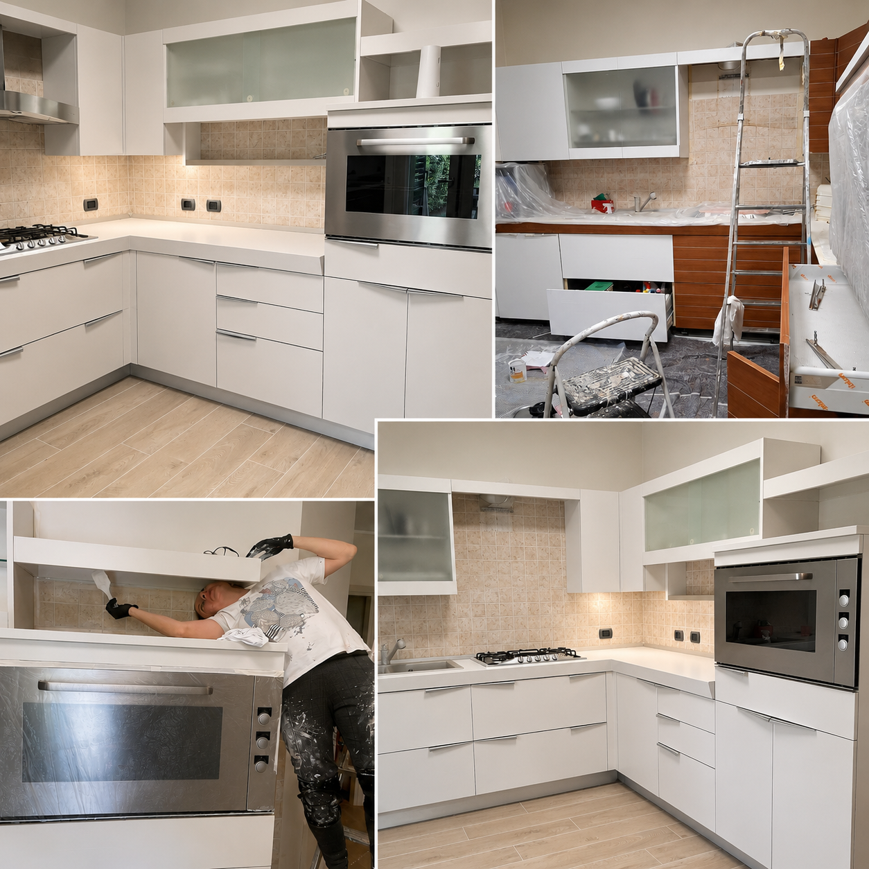 Immagine che mostra una cucina moderna prima e dopo i lavori di ristrutturazione, con alcuni lavori in corso e una persona al lavoro