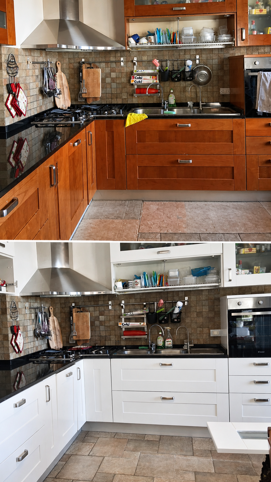Confronto tra due cucine, entrambe con il backsplash a mosaico, area di lavoro e armadietti. La prima cucina ha armadietti in legno marrone, i mobili in bianco nella seconda.