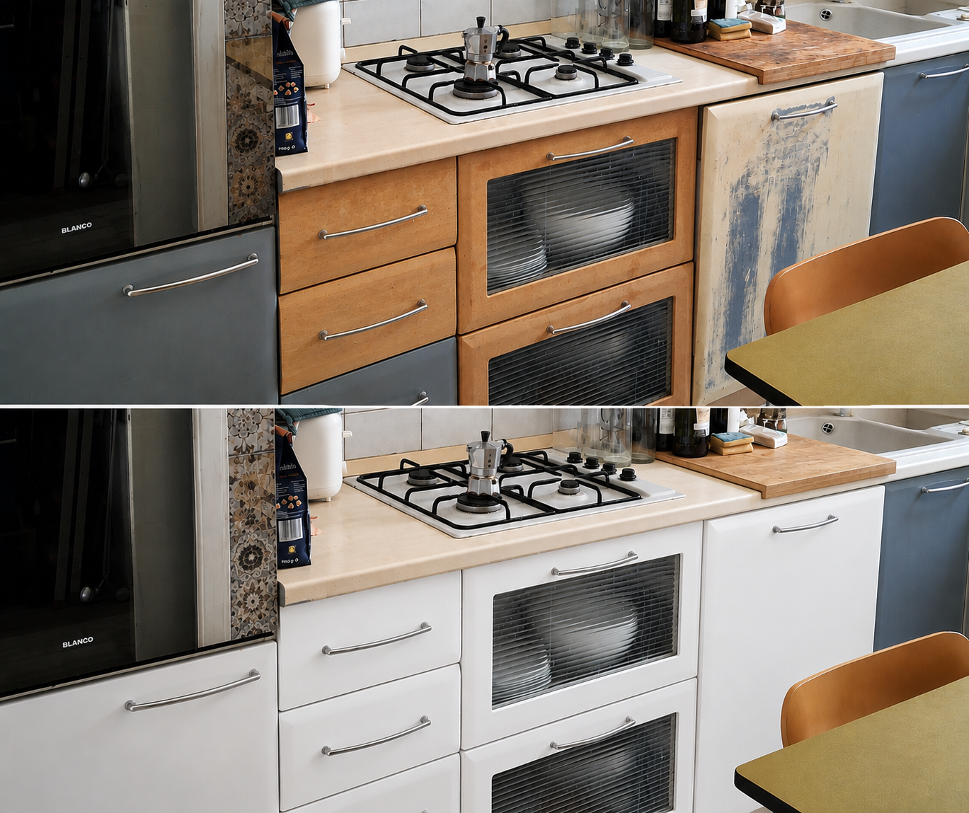 Confronto tra una cucina con mobili in legno e ante bianche, evidenziando una sostituzione delle ante e dei mobili in due stati differenti.