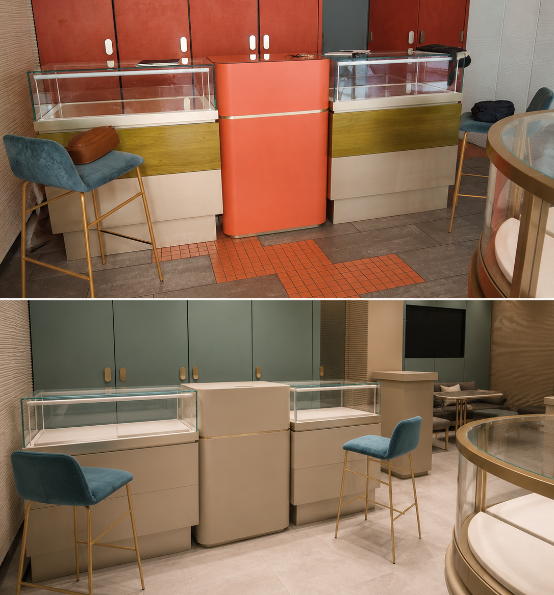 Immagine divisa in due parti: la parte superiore mostra vetrine refrigerate vuote, una sedia blu e uno scaffale con alcuni oggetti, in un ambiente con mobili vintage e pavimento in legno. La parte inferiore mostra frigoriferi moderni, una sedia blu c