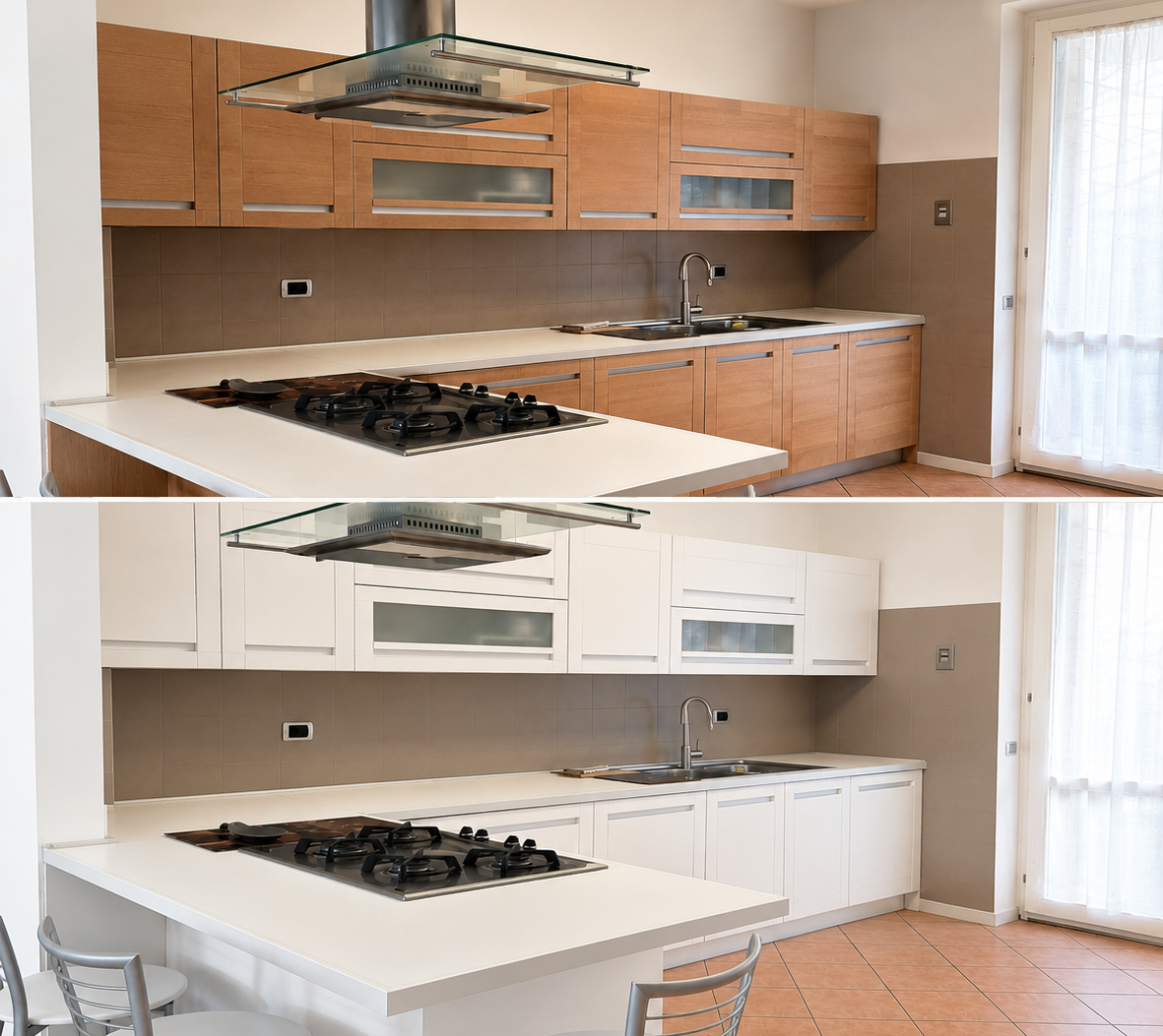 Due immagini di una cucina, una con armadietti in legno e un'altra con armadietti bianchi, entrambe con pianale di lavoro bianco, piano cottura e lavello, in ambienti diversi, illuminati dalla luce naturale