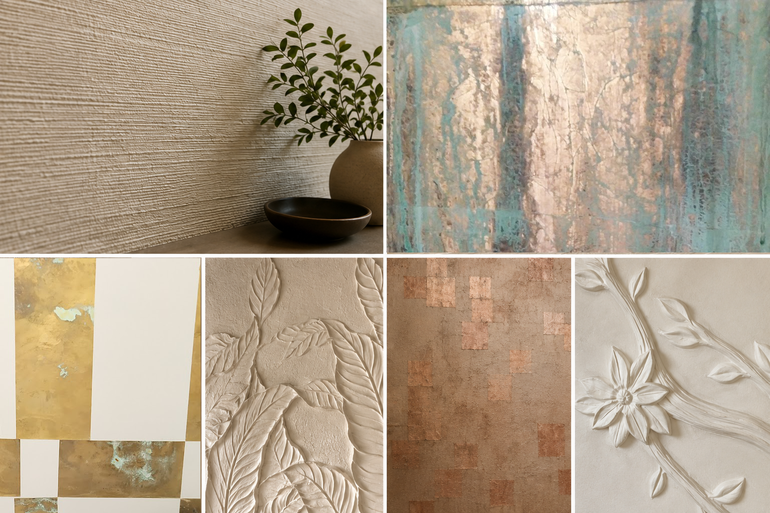 Collage di diversi campioni di texture e materiali: una pianta in un vaso, una parete con texture lini, e vari rivestimenti e rivestimenti decorativi in tonalità neutre e calde, con dettagli di foglie e fiori in rilievo.