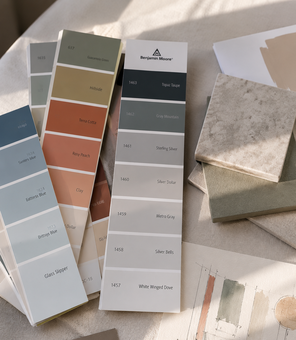 Swarovski color palette con diverse sfumature di blu e colori neutri, tra cui verde, beige e grigio, con campioni di pietre e un quaderno con schizzi.