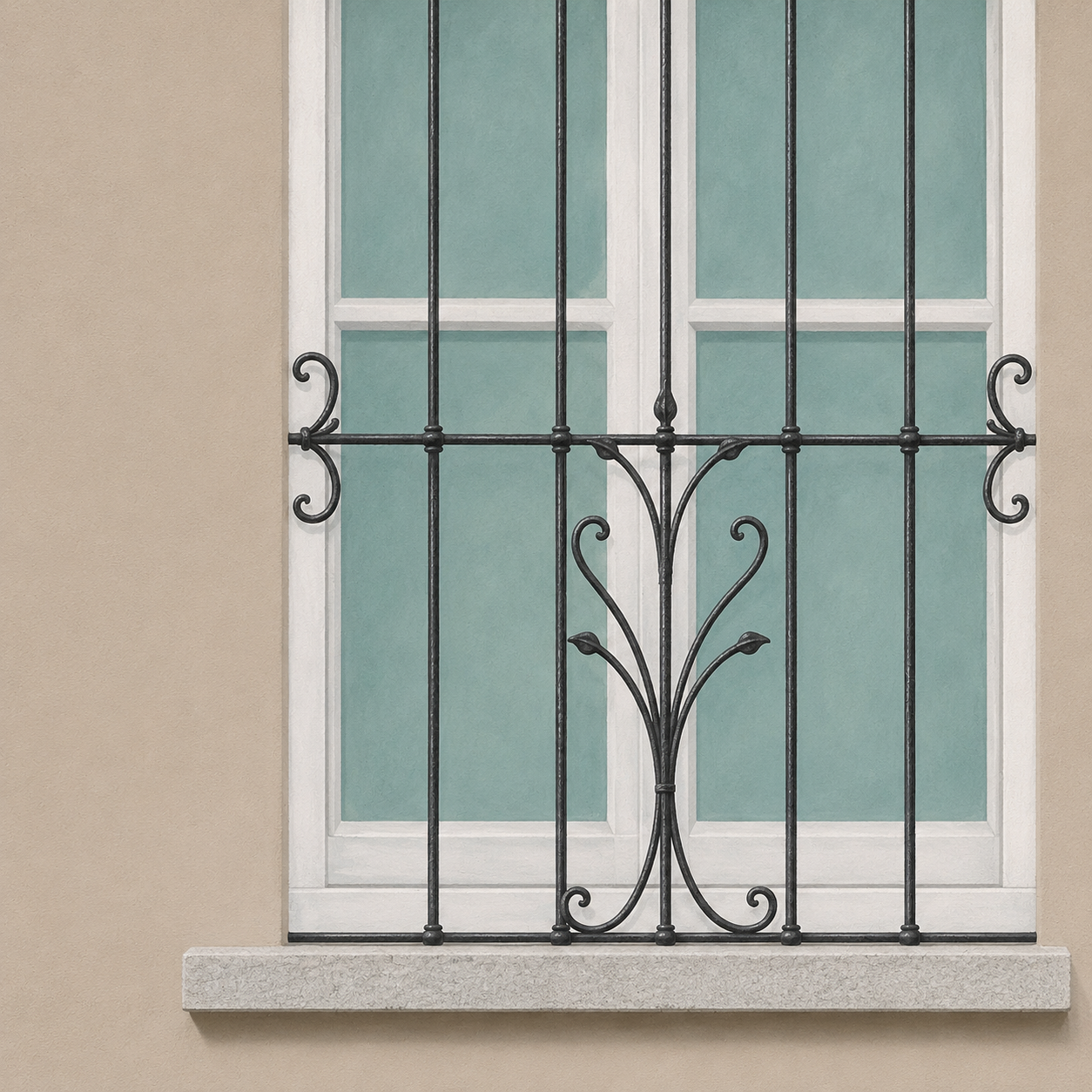 Finestra con grate in ferro decorativo, sul muro beige, con vetri verdi e telaio bianco.