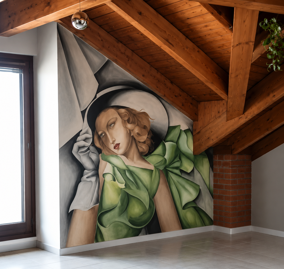 Murale di una donna con cappello nero, vestiti e grandi foglie verdi