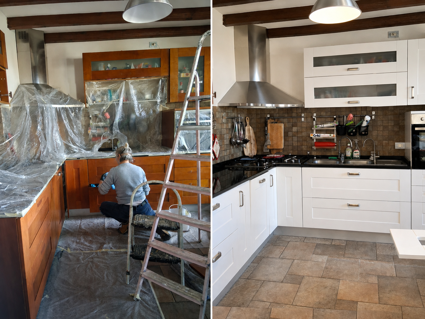 Prima immagine: una cucina in fase di ristrutturazione con materiali protettivi, una persona che lavora e una scala. Seconda immagine: una cucina moderna con mobili bianchi, piano nero, cappa in acciaio, lavandino e utensili da cucina.