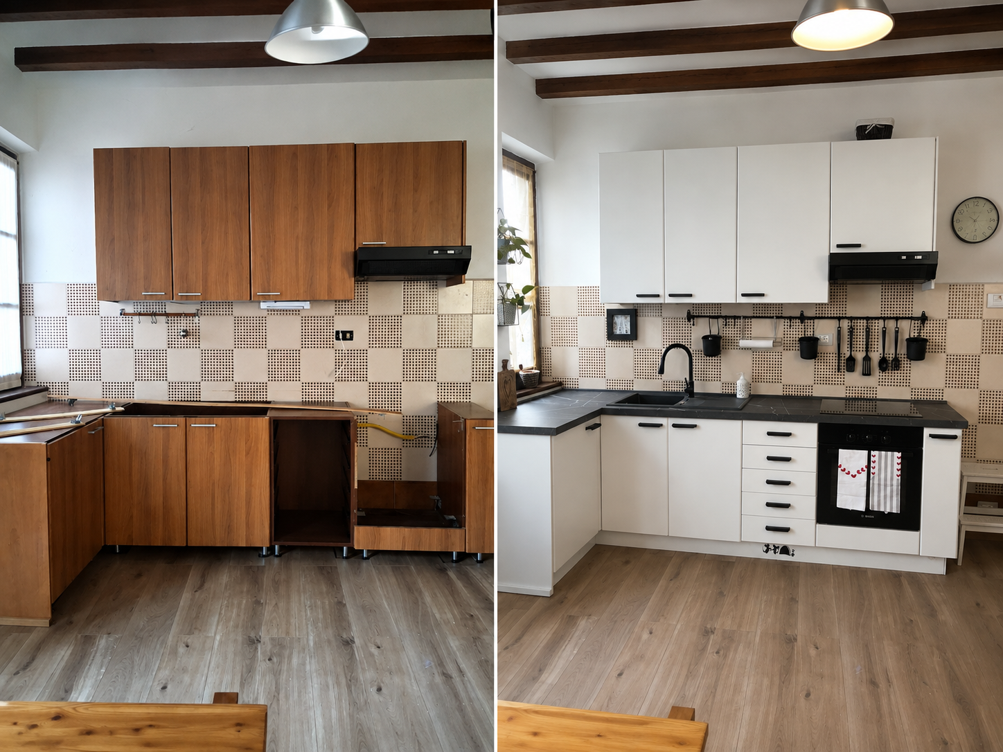 Prima e dopo di una cucina, mostra un armadio in legno a sinistra e uno in bianco a destra, con piastrelle beige e nero, pavimento in legno chiaro, e vari utensili da cucina.