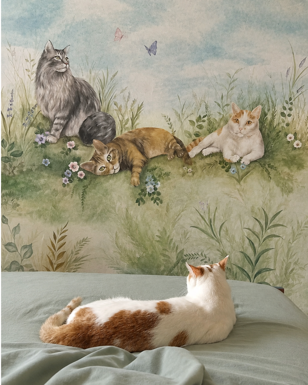 Un gatto bianco e arancione disteso su un letto guarda un dipinto di tre gatti in natura, con erba, fiori e farfalle.