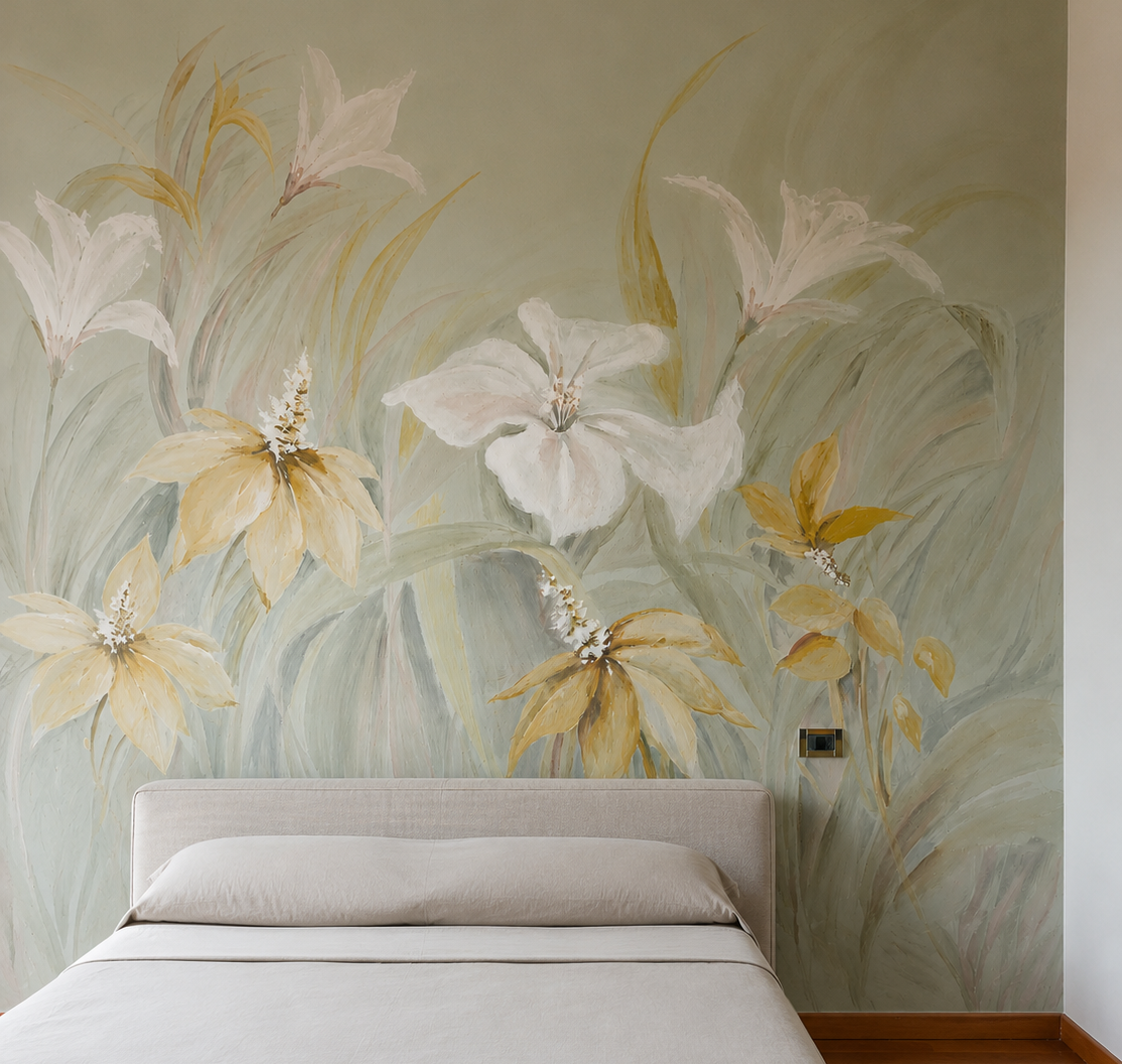 Muro decorato con un grande dipinto di fiori in tonalità pastello, con un letto con lenzuola beige in primo piano.