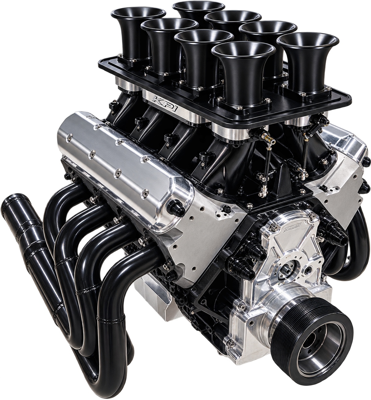 High-performance engine with black intake tubes, polished metallic components, and black exhaust headers.