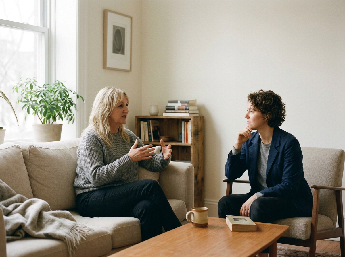 Two women having a conversation in a cozy living room. One woman is sitting on a sofa gesturing with her hands, and the other is sitting in a wooden chair listening with her hand on her chin. There is a coffee table with a mug and a book, a macrame blanket, and a bookshelf in the background.