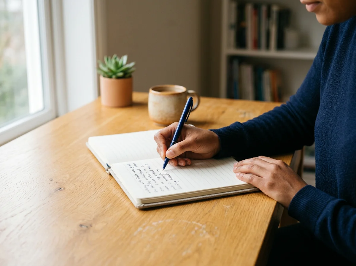 Person writing in a notebook at a wooden table by a window, with a potted succulent and a coffee mug on the table.