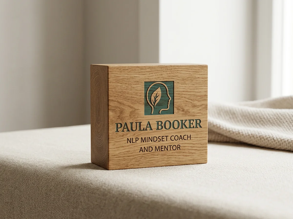 Wooden business card holder with the name 'Paula Booker,' her title 'NLP Mindset Coach and Mentor,' and a logo of a human head with a leaf inside it, placed on a beige fabric surface.