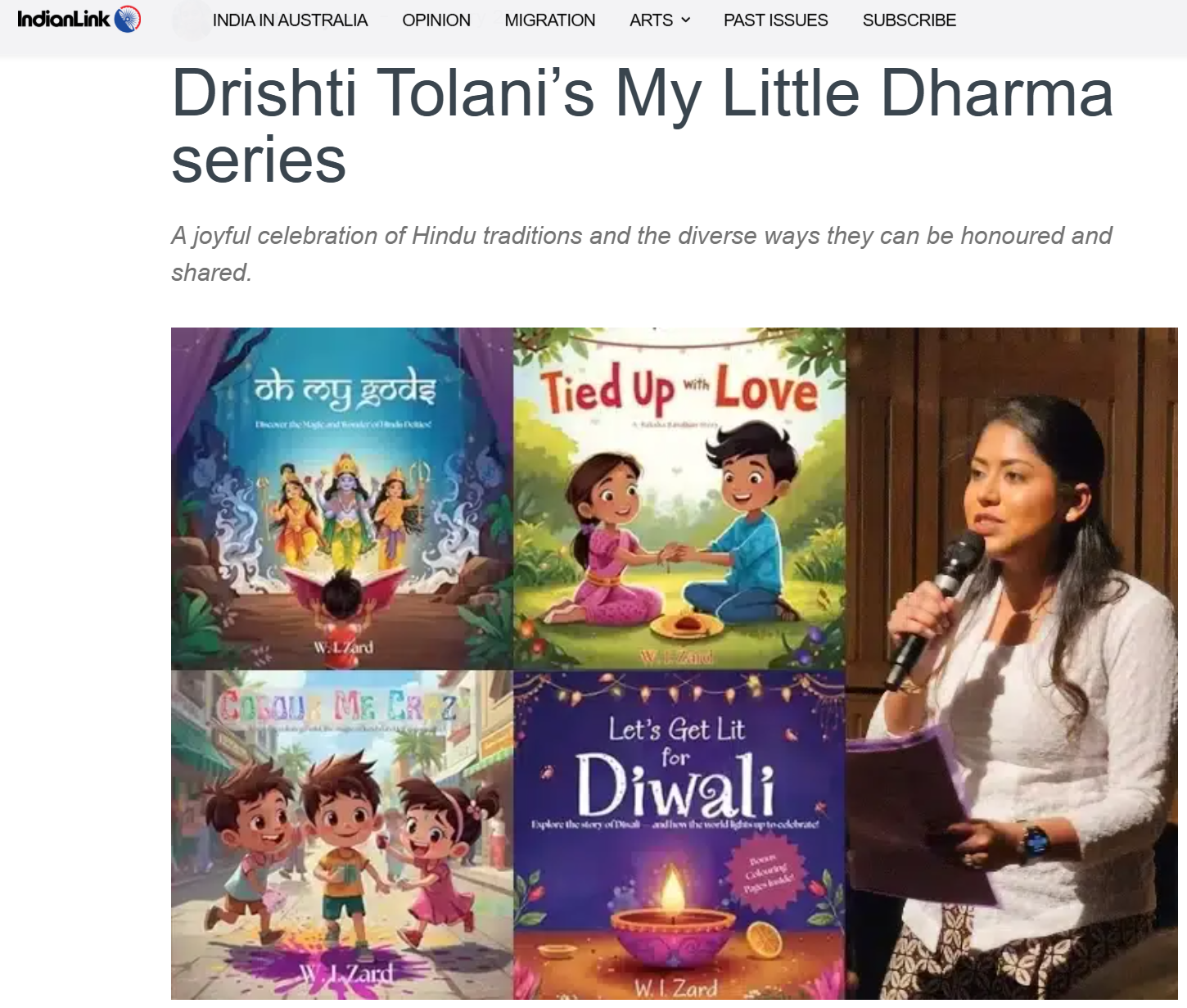A woman speaking into a microphone at a book event, with a display of children's books about Indian festivals and traditions, including titles such as 'Oh My Gods', 'Tied Up with Love', 'Colour Me Crazy', and 'Let's Get Lit for Diwali'.