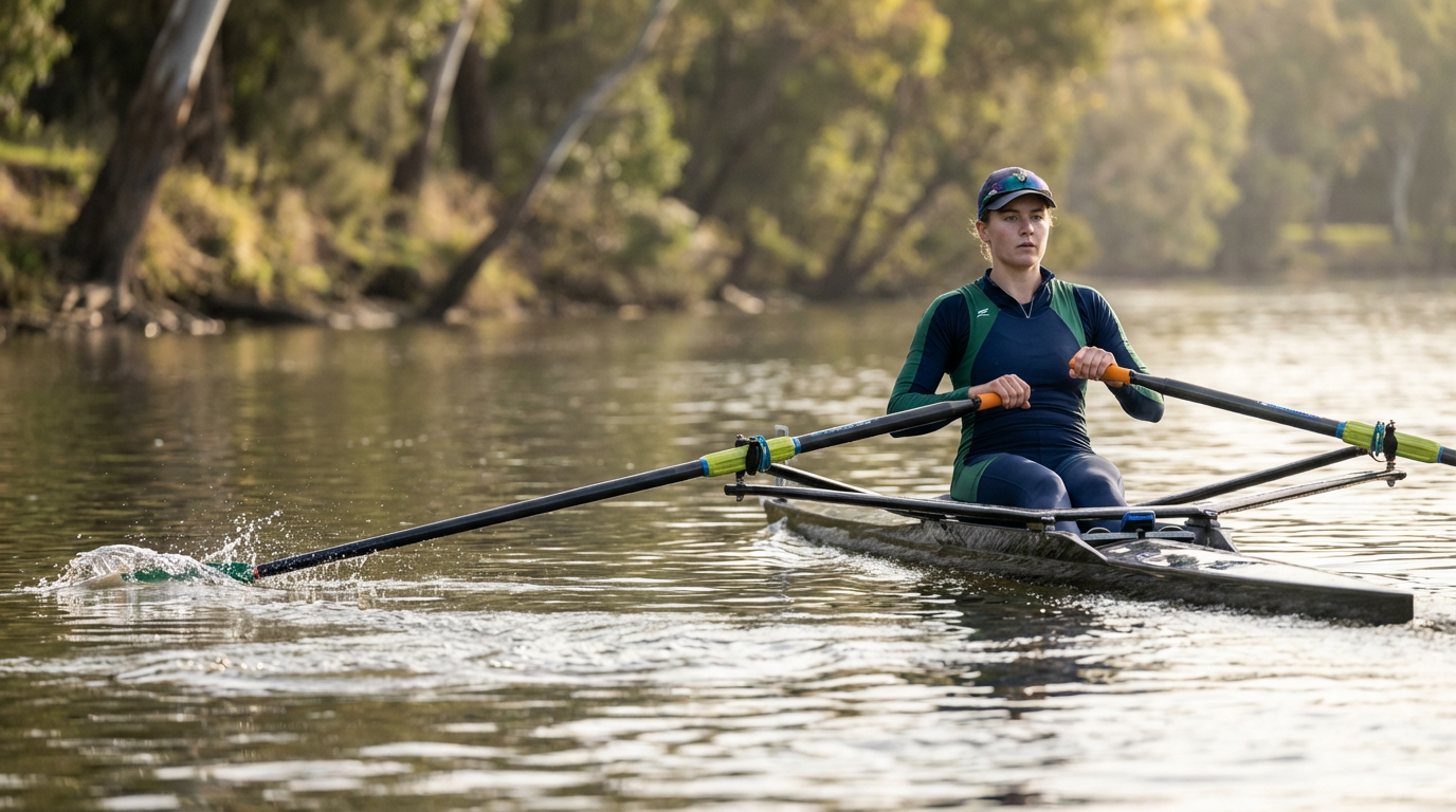 A female rower in a blue and green athletic outfit rowing a scull on a river surrounded by trees.