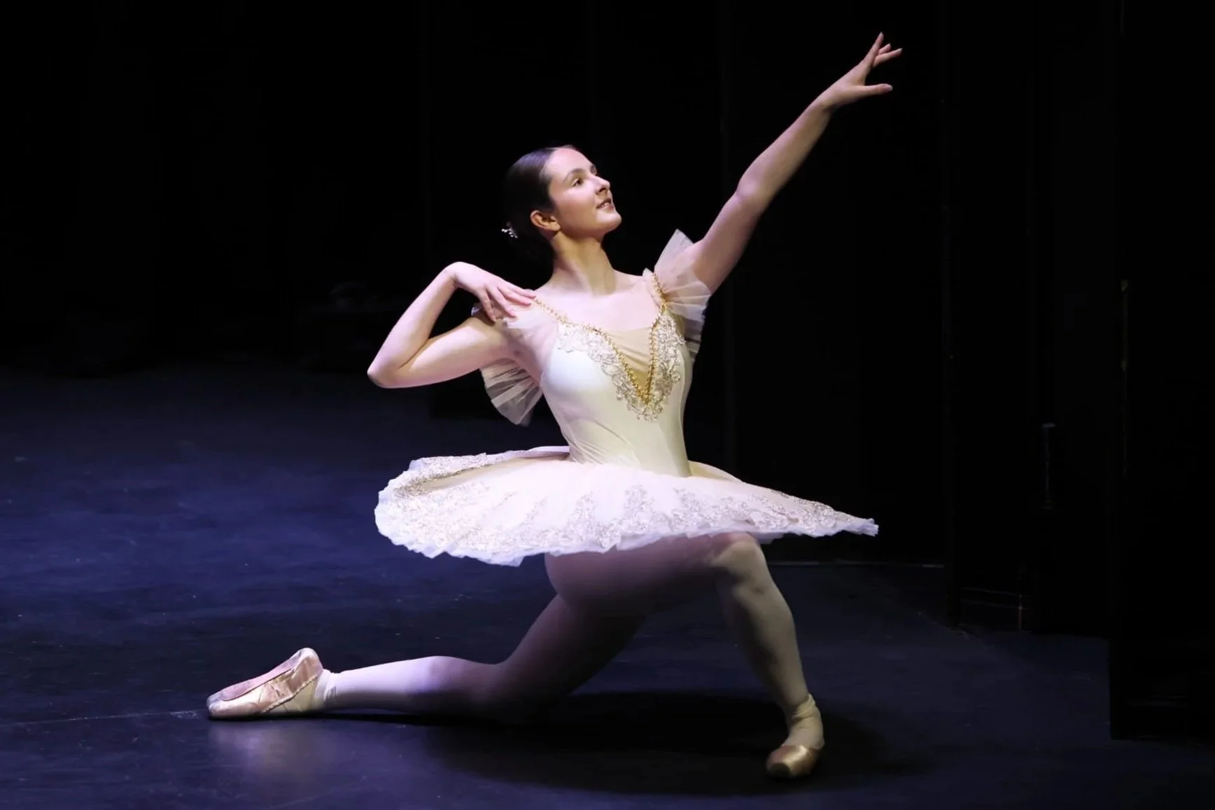 Dancer performing a ballet solo on pointe, wearing a light-coloured tutu.