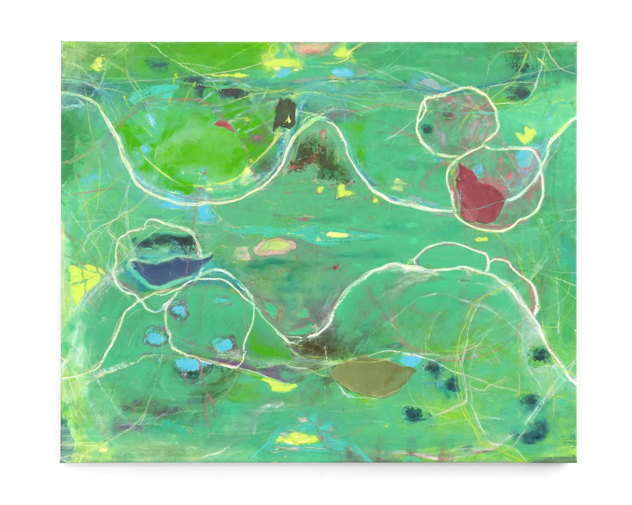 These tested Our Horizon, 2026,
  
Oil, pastel, ink and leather on canvas
135cm x 165cm