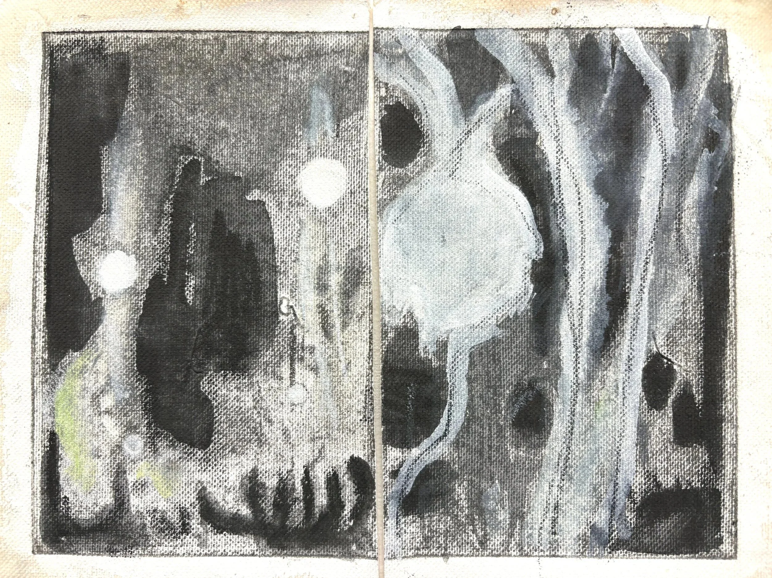 STREETLIGHTS, MOON AND HIBISCUS IN WINTER, 2025, Etching, soft pastel and graphite on canvas, 18cm x 24cm