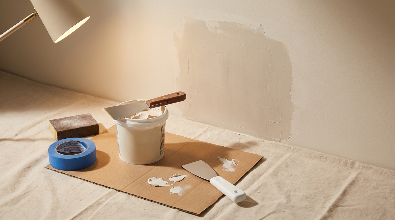 Painting supplies on a table including a putty knife, a container of spackle, painter's tape, a sanding sponge, and a cardboard surface for repairing a wall.
