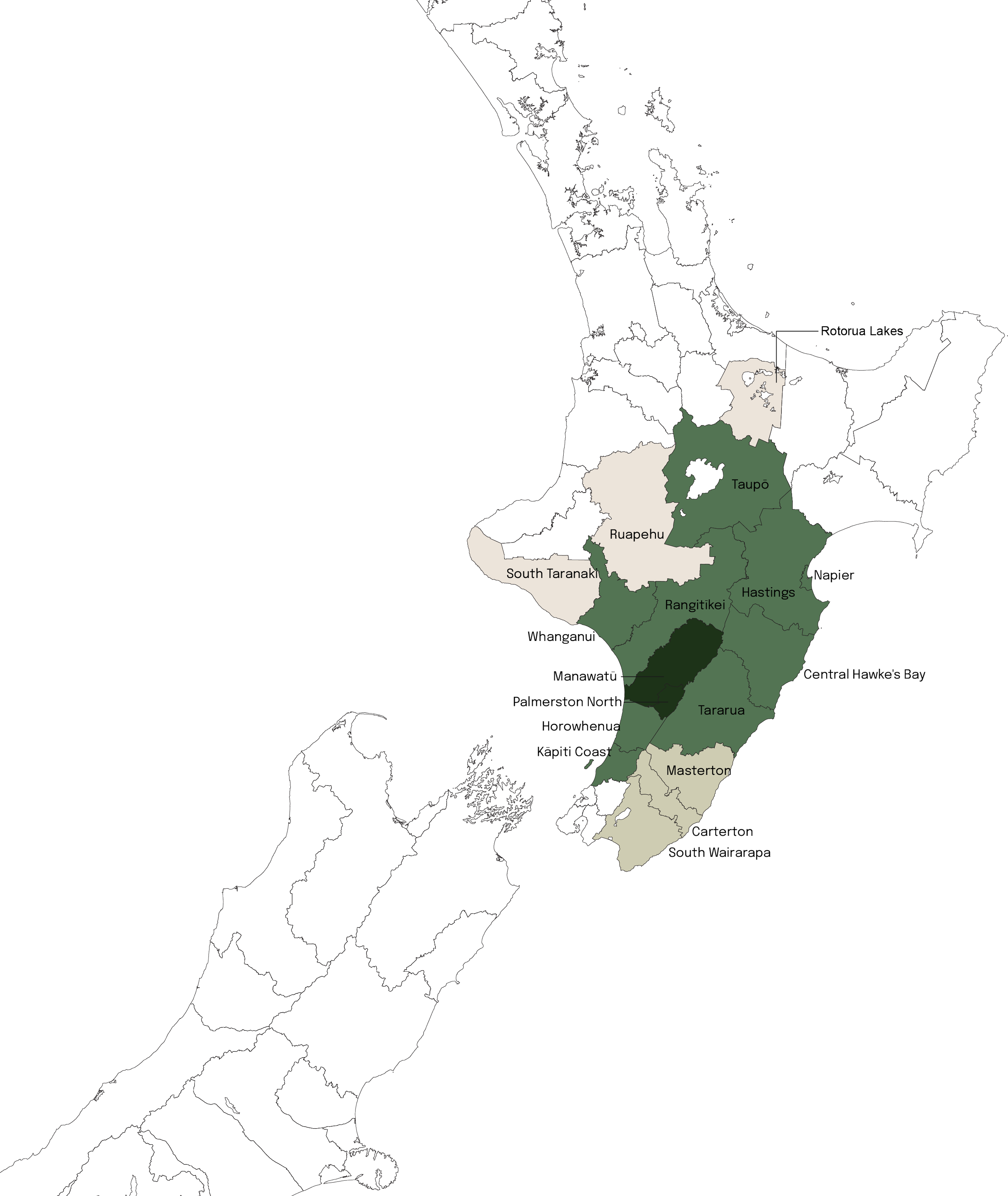 Map of New Zealand showing different regions with labels including Rotorua Lakes, Taupo, Ruapehu, South Taranaki, Wanganui, Manawatu, Palmerston North, Horowhenua, Kapiti Coast, Masterton, South Wairarapa, Carterton, Hawkes Bay, Gisborne, Napier, and Central Hawkes Bay. The map has a black background with region borders and labels in various shades of gray and green.