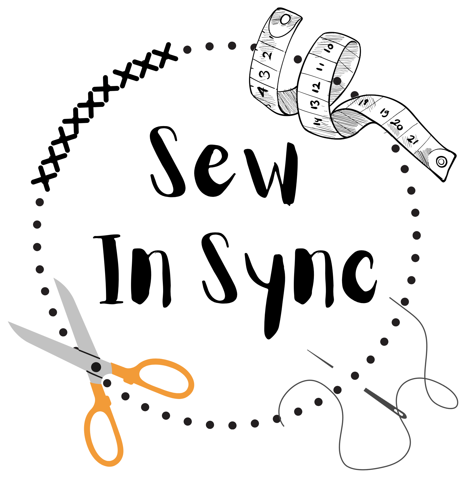Black and white illustration of a measuring tape, a pair of scissors, and sewing threads around the words 'Sew in Style'