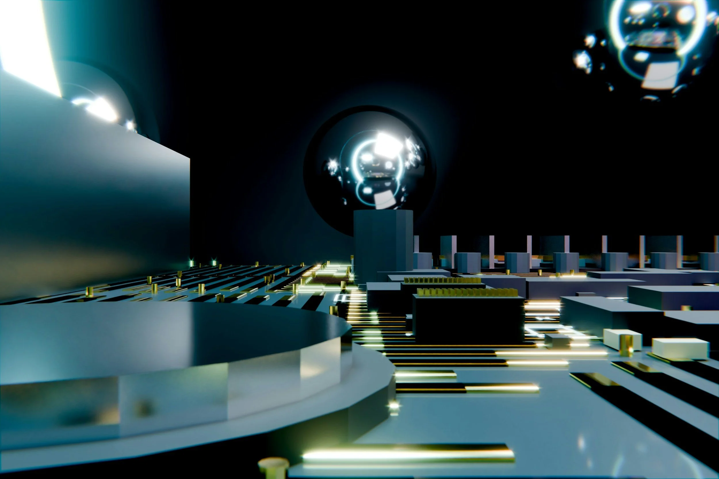 Close-up of a circuit board with electronic components, including a large circular reflective element and LED lighting accents, in a dark environment.