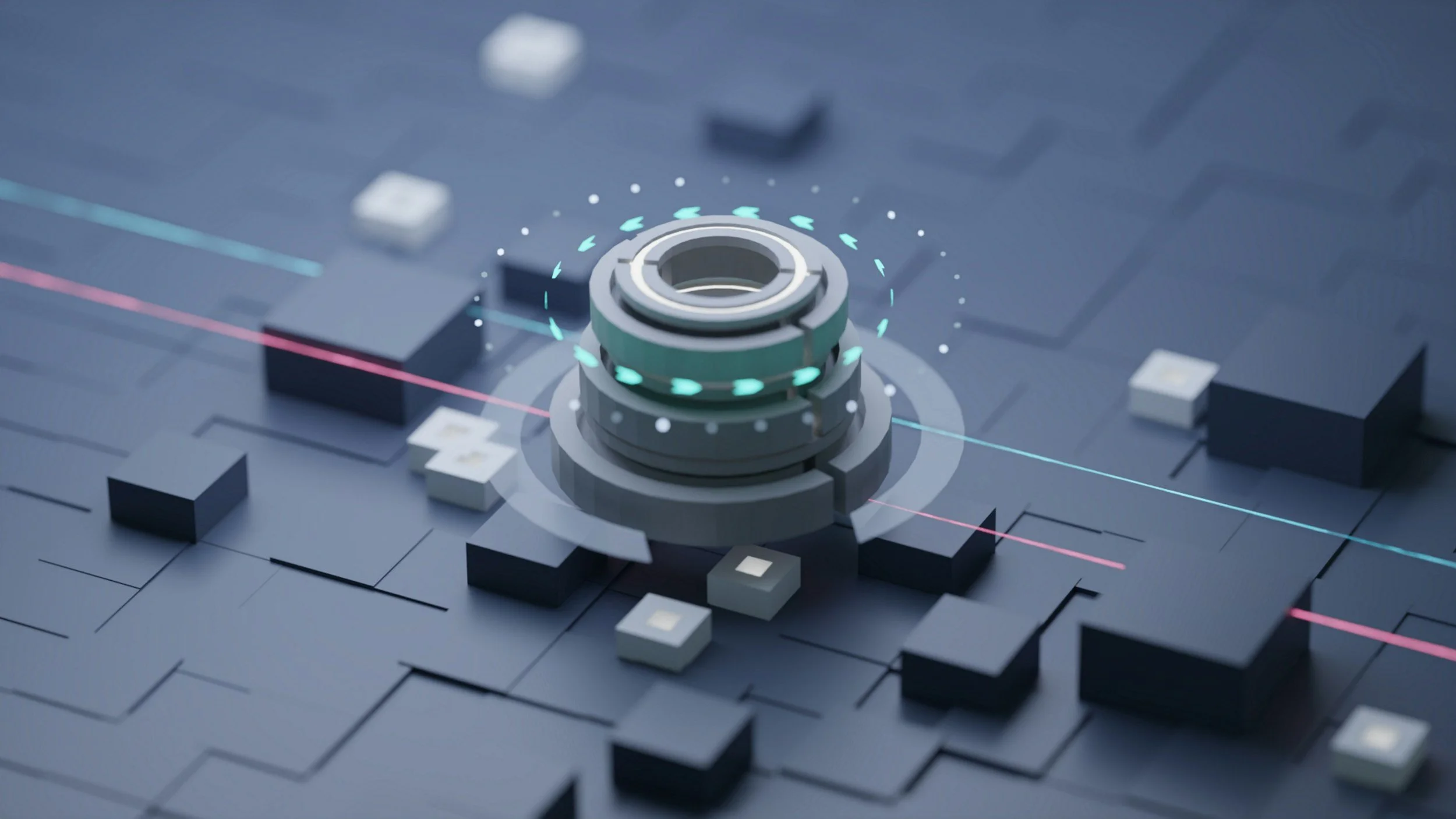 Futuristic digital interface with concentric circular control, surrounded by small blocks and lines, on a blue-toned grid background.