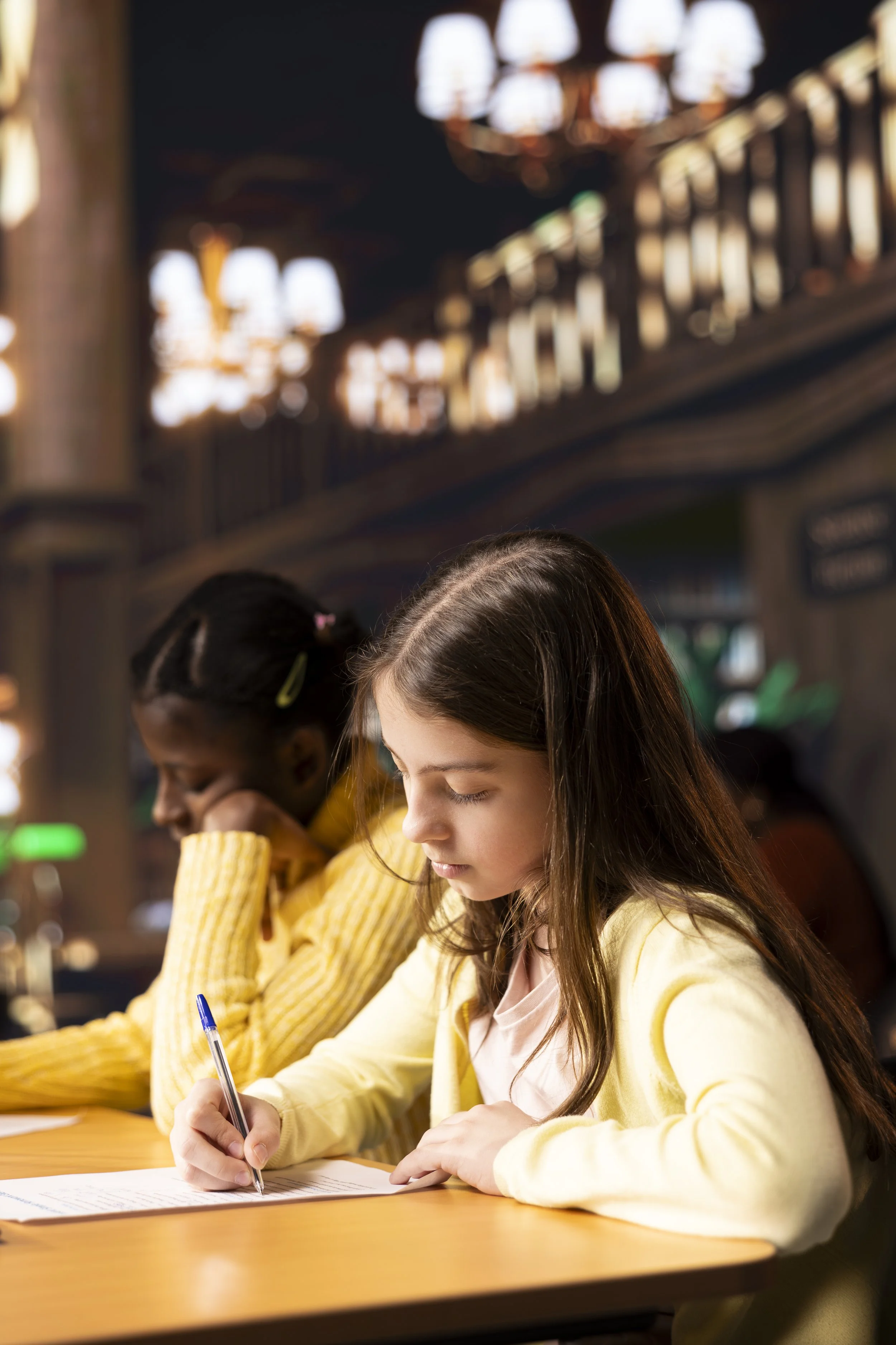 Two young girls with brown hair sitting at a table, writing on paper to study, in a library setting.